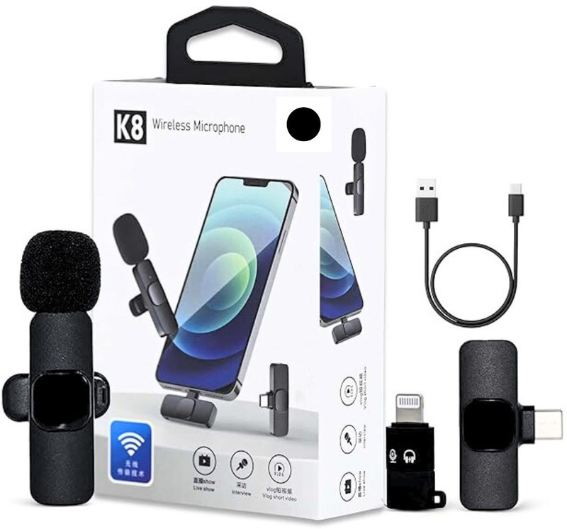 HASSAIN K8 youtube microphone Mic Supports Type-C Android & iPhone Plug and Play/No Bluetooth(Black)
