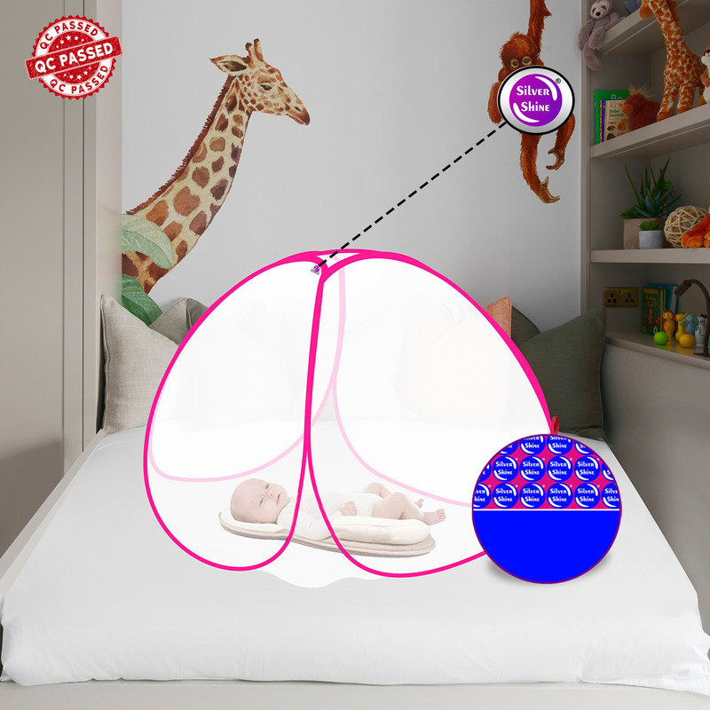 SILVER SHINE Baby Mosquito Net Foldable Polyester for Baby White Color and Pink Border Polyester Washable Kids Mosquito Net(White-Pink, Tent)