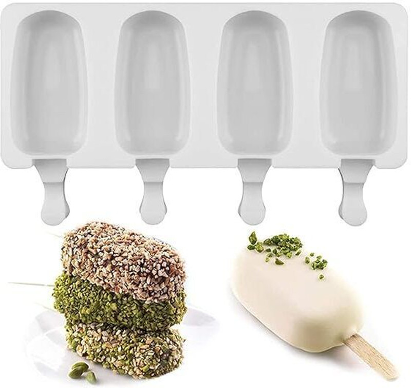 BAKEMO Silicone Chocolate Mould 4 Cavity Big Oval Silicone Cakesicle Mould Silicone Popsicle Ice Cream Cakesicle Chocolate Lolipop Moulds Reusable Ice Cream Popsicle Maker(Pack of 1)