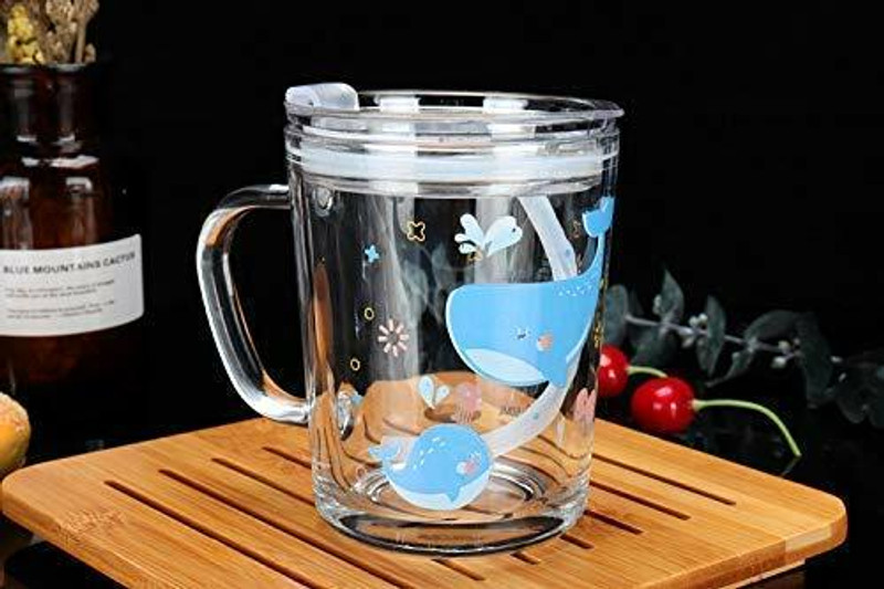 NXTMET Random Design Cute Cartoon Creative Heat Resistant Children's Breakfast Milk Mug with Handle and Clear Lid of Scale and Straw Design Mug (Set of 1)(CLEAR)