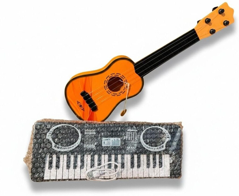 KidsCorner Combo Mini Musical Piano Keyboard & Mini 4 Strings Wooden Finish Plastic Guitar(Multicolor)