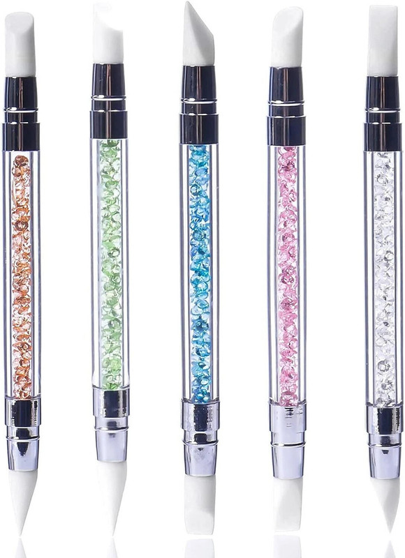 DEQNAIL 5Pcs Silicone Nail Art Acrylic Pen Brushes, Rhinestone Handle Double-Ended Nail(Art Pen,for Design Nail Foil Carving Drawing and 3D Effect Shaping Dotting Tools)