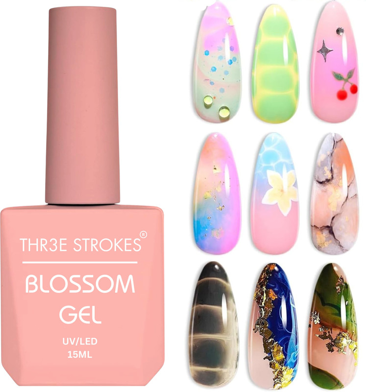 THR3E STROKES Nail Blooming Gel 15ml Clear UV LED Blossom Gel Polish for Spreading Effect Marble Natural Stone Watercolor Floral Print Soak off Nail Gel DIY Nail Art Gel