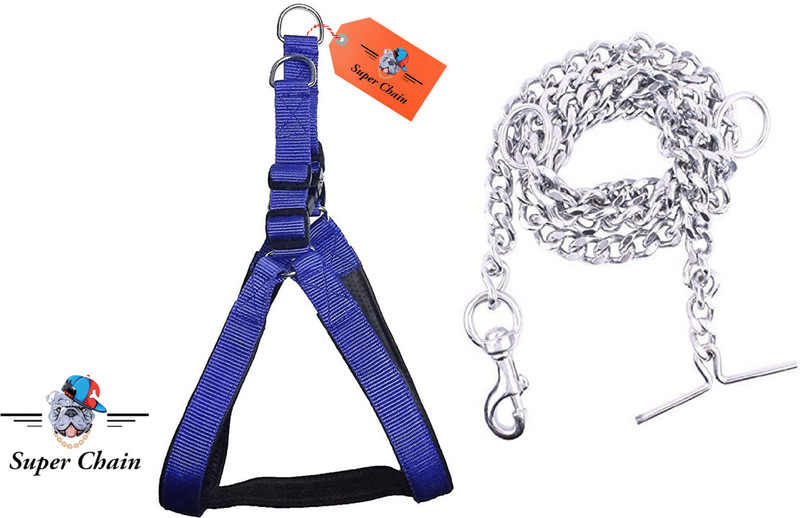 SUPER CHAIN Harness Padded, Leash (Chain) Adjustable, Combo Set Dog Collar & Leash(Small, Blue)