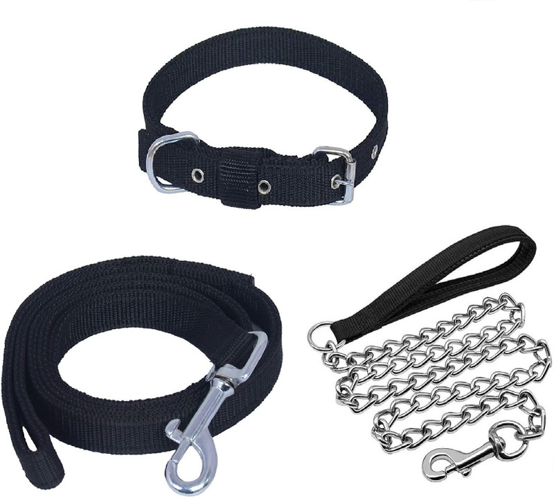 Quickato Combo Dog Chain Leash Collar & Belt Set Medium Dog Collar & Chain 150 cm Dog Chain Leash(Silver, Black)