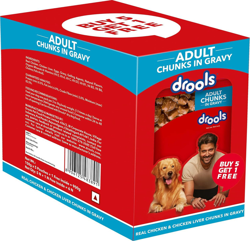 Drools Drools Real Chicken & Chicken Liver Chunks in Gravy (Pack of 5) Chicken, Liver 0.9 kg Wet All Life Stages, Adult Dog Food