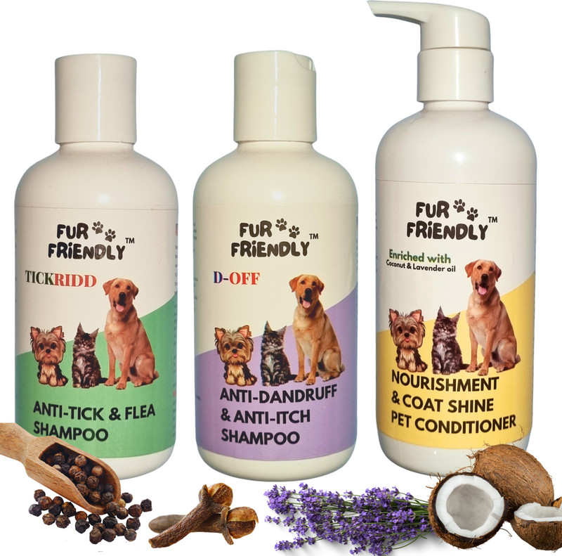 FUR FRIENDLY TickRidd,D-Off & Itch Shampoo 200ml, Nourish & Shine Cond.300ml Set of 3 Anti-dandruff, Anti-itching, Flea and Tick, Conditioning Natural Fragrance Dog Shampoo(700 ml)
