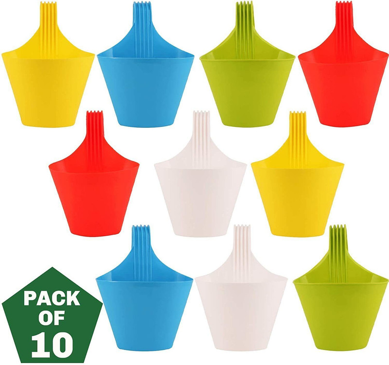 Virkart Hanging/Railing Pots for Plants and Flower Pots Planter Ideal for Outdoor Balcony Plant Container Set(Pack of 10, Plastic)