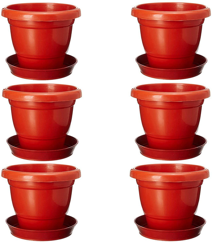 GROOT 8 Inch Heavy Duty Plastic Planter With 8 inch Bottam Plate/Tary Flower Pot Plant Container Set(Pack of 6, Plastic)