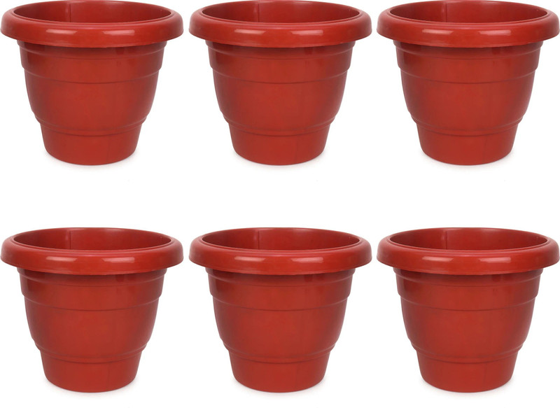 JOREN Red Round 8 Inch Plastic Pot Plant Container Set(Pack of 6, Plastic)