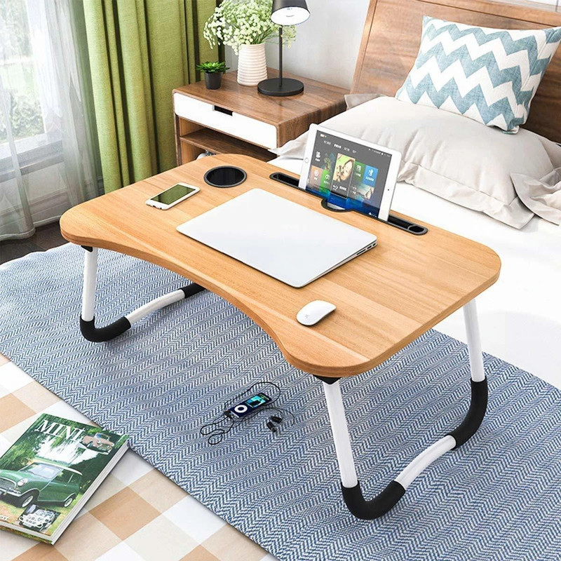 FurniGully Study Table for Students Wood Portable Laptop Table(Finish Color - Brown Wooden Design, Pre Assembled)