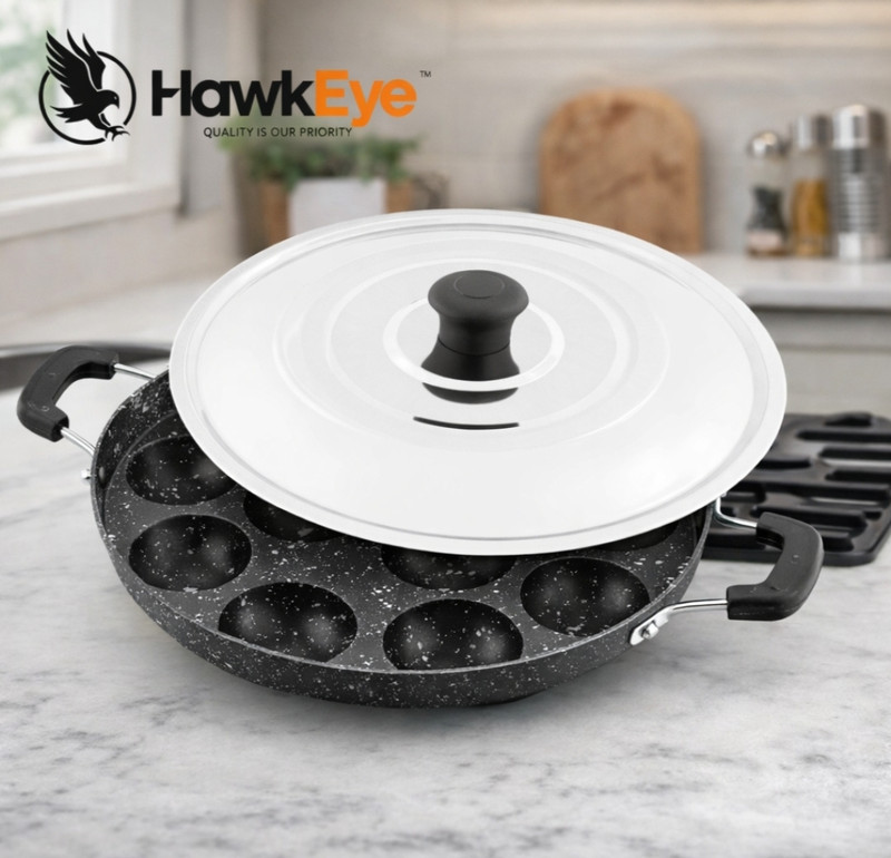 HawkEye Non-Stick Appam Maker | அப்பம் | അപ്പം | ಅಪ್ಪಂ | అప్పం – Aappakal for Neyyappam Appachatty Pan 23 cm diameter with Lid 0.5 L capacity(Aluminium, Non-stick)