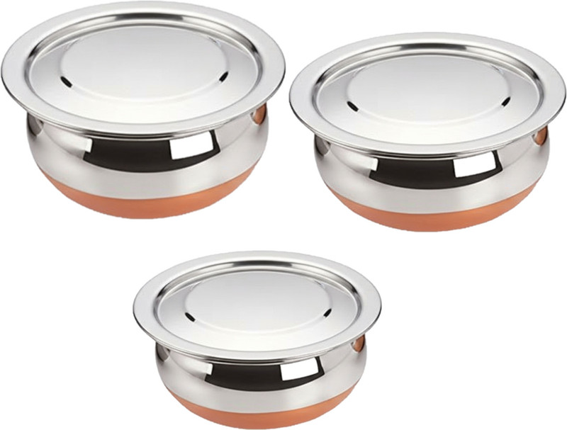 PUHBRHY 3 Pcs pot for indian Cook Curry,Dal& Birayani in Kitchen & Dining Serveware Handi 0.5 L, 0.75 L, 1 L with Lid(Stainless Steel, Induction Bottom)
