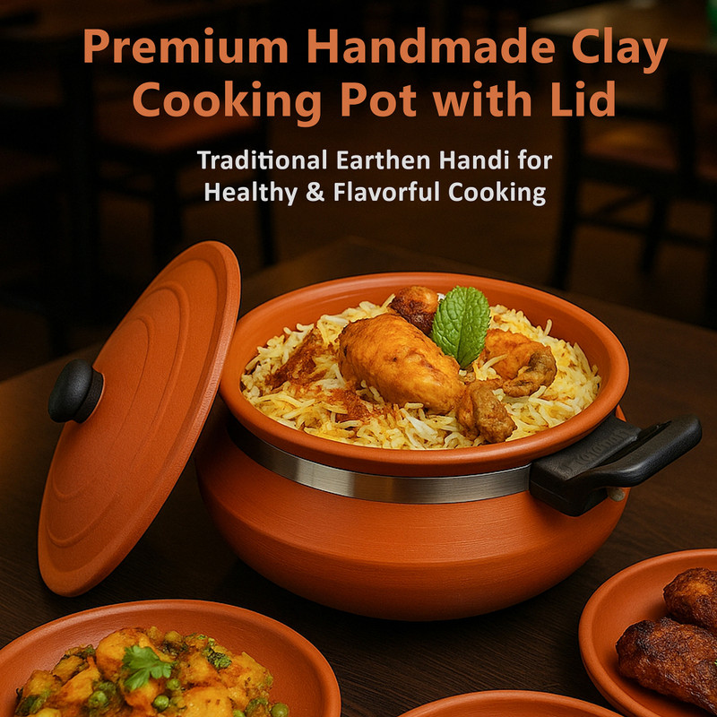 SOMUDEE Desi Clay Handi Traditional Handi 2-3 kg Aprox ( for 8-10 people) Handi 2 L with Lid(Earthenware, Non-stick)