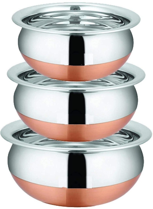 NARV Stainless Steel Cooking Pot Biryani Punjabi Kitchen Cooking and Serving Bowl K4 Pack of 3 Cook and Serve Casserole Set(0.5 ml, 0.75 ml, 1.1 ml)