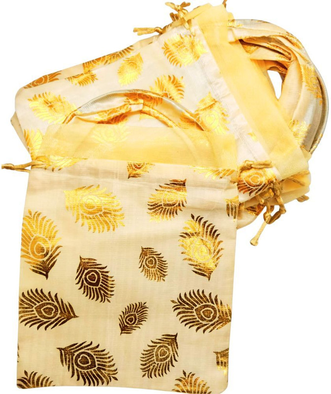 Sidhaarth Traders Golden with White Peacock Feather Potli Bag Pack of 10 Coin Purse(Pack of 10)