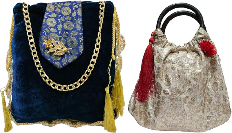 JDDCART Ethnic Handbags for Women Velvet potli bags Handcrafted Pankhi Design Wristlet(Pack of 2)