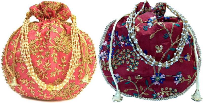 JDDCART orange color potli Purse Bag With Beaded Handle Potli(Pack of 2)