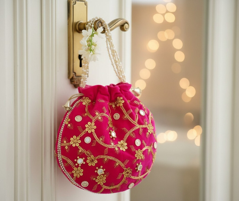 ETHNIC WAY Women’s Embroidered Pink Velvet Potli Bag with Pearl Handle Potli