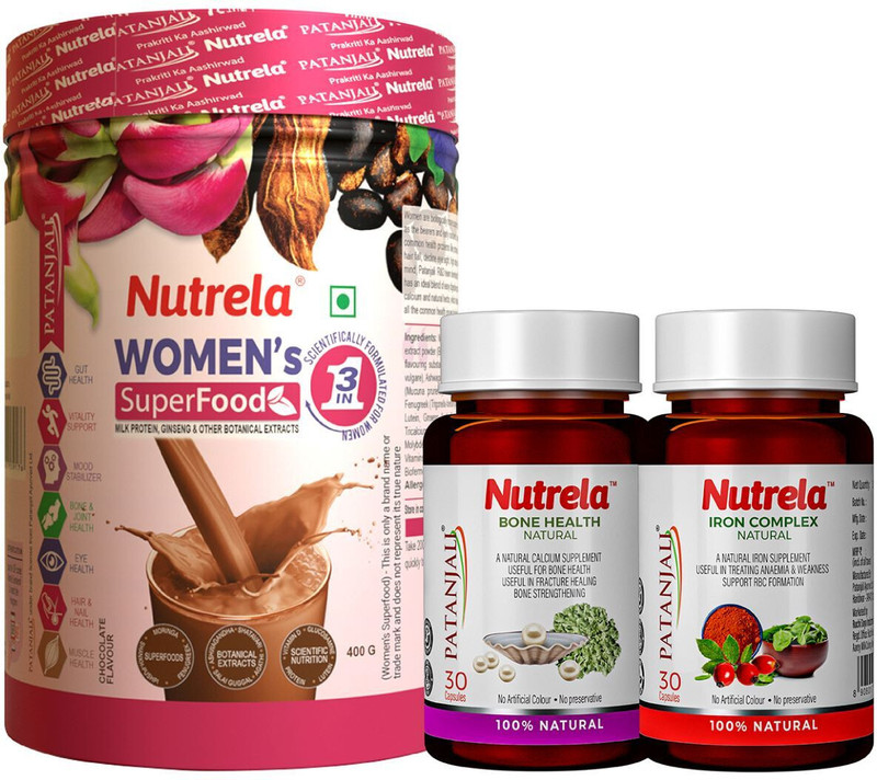 NUTRELA Combo Women superfoods, Iron Complex & Bone health Multivitamin Capsule Protein Shake(1 kg, Multiflavor)