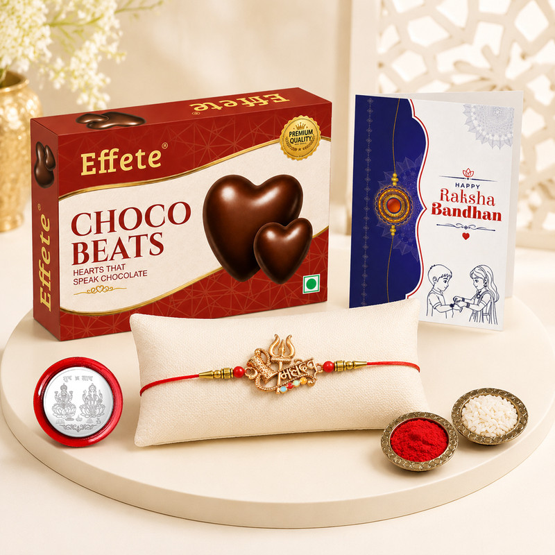 Effete Religious Rakhi Combo with Choco Beats(32gm) |Rakhi for Brother/sister|Rakhi|K1_68_CB32 Assorted Rakhi, Chawal Roli Pack, Coins, Greeting Card Set(1Pc Rakhi , Chocolate , Greeting Card , Silver Coin , Kanku Chokha)