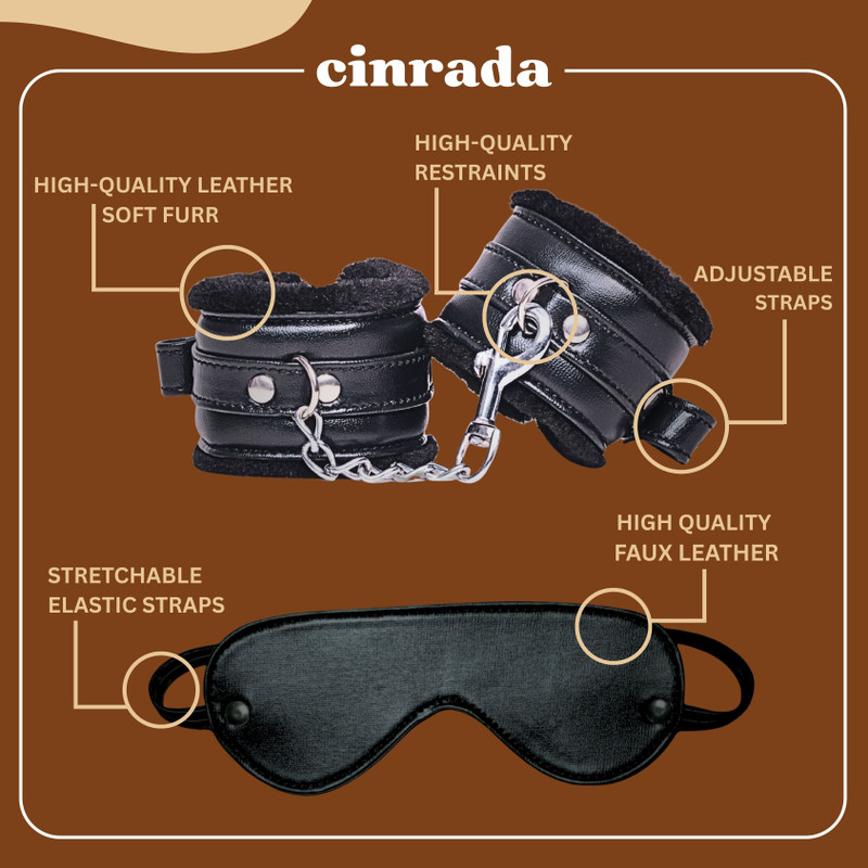 cinrada Handcuff & Blind Fold Red soft Premium Leather 2 Pcs combo for Couples