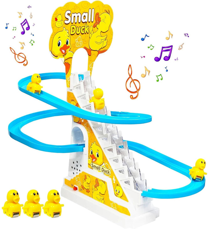 KAMMATESWARA Duck Track Toys for Kids Stair Climbing with Lights & Music Include 3 Small Duck(Yellow)