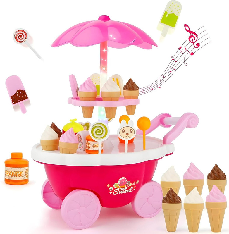 Kidz N Toys Plastic Ice Cream Kitchen Play Cart Kitchen Set Toy with Lights & Music for Kids