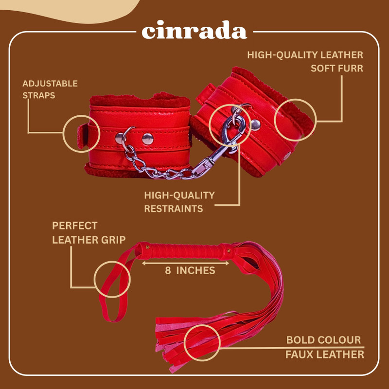 cinrada Handcuff & Flogger Premium Soft Leather Black 2 Pcs combo For Couple