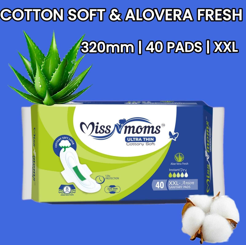 MISS N MOMS Premium Ultra Soft Cotton Layer, XXL- (Anion)| 40 Pads(320mm), Combo & Pack of-1 Sanitary Pad(Pack of 40)