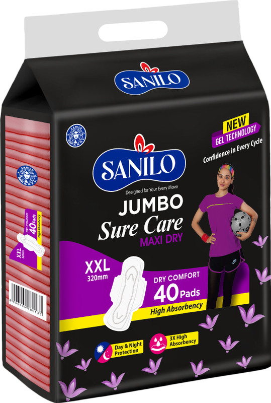 SANILO Jumbo Sure Care Maxi Dry Trifold 100% Leak Free, Anti-Rash 320mm XXL Size Sanitary Pad(Pack of 40)
