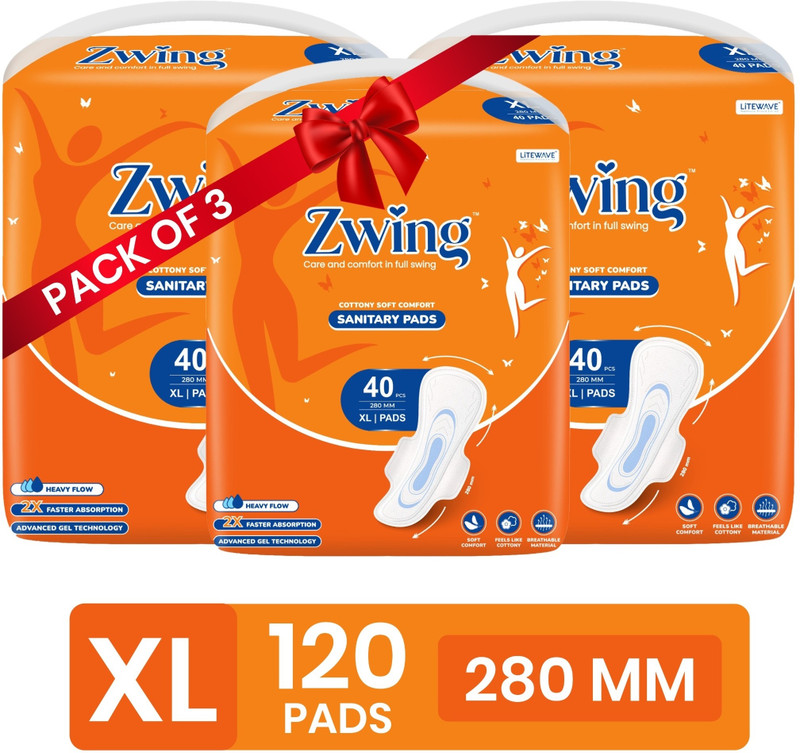 Zwing Sanitary Napkin with Wings & Advanced Gel Technology| XL, 280mm| 120pcs Sanitary Pad(Pack of 120)