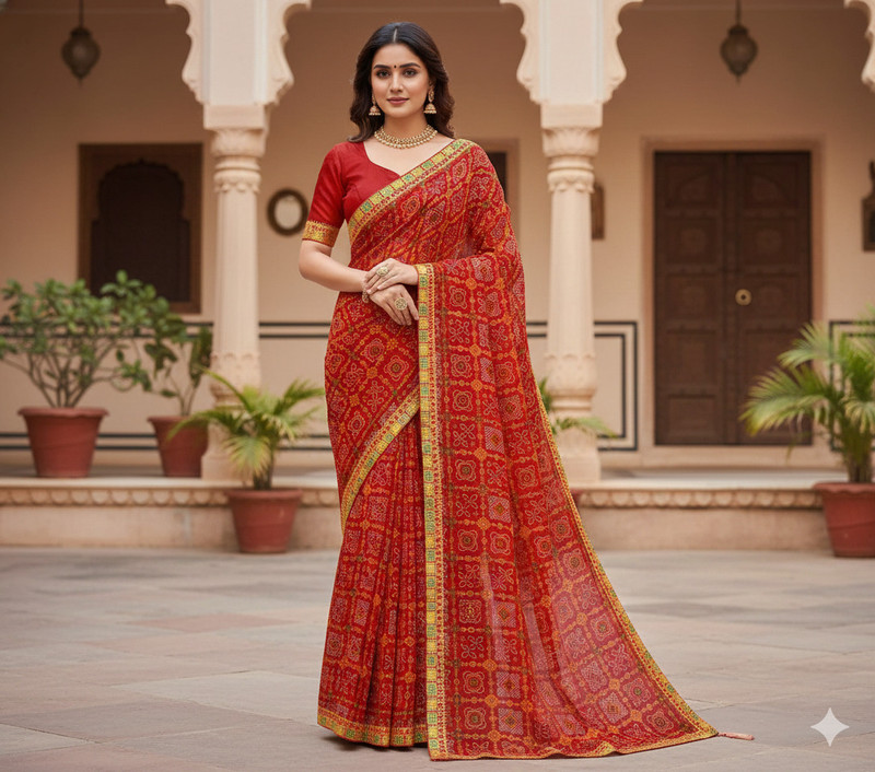 GULLAK Printed, Blocked Printed, Geometric Print Bandhani Cotton Silk Saree(Red)