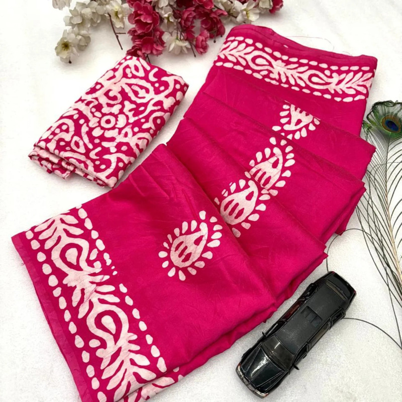 kiaan fashion Printed, Floral Print Hand Batik Pure Cotton Saree(Pink)