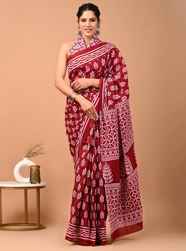 krishn fashion Printed Daily Wear Pure Cotton Saree(Maroon)