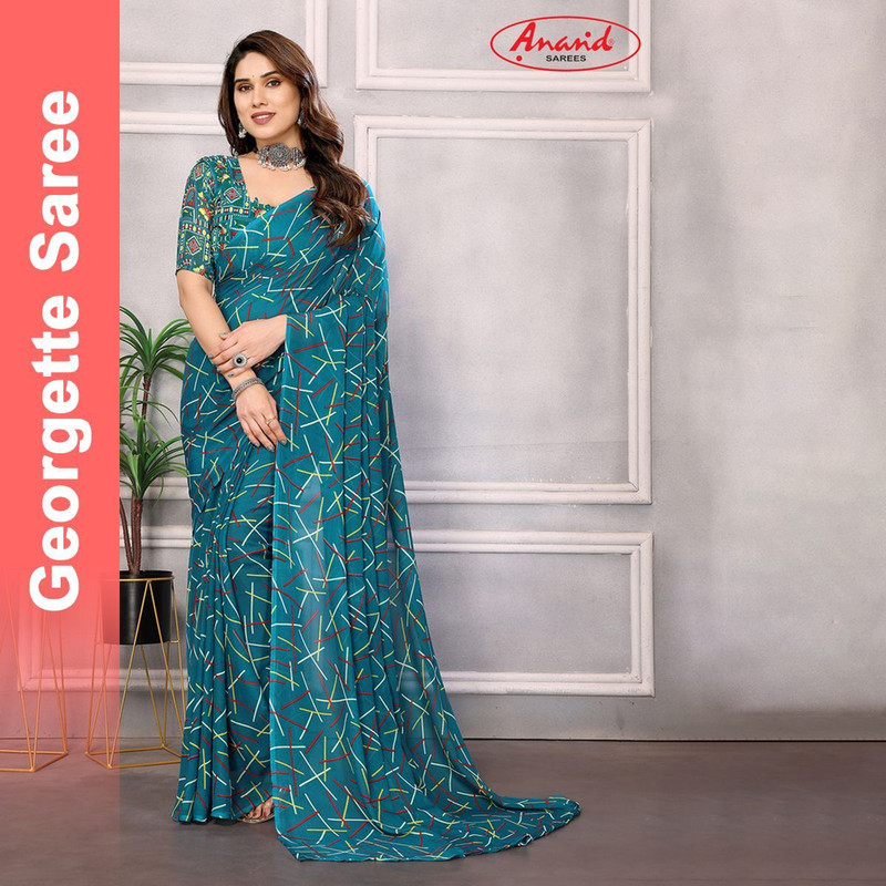 Anand Sarees Striped, Printed Daily Wear Georgette Saree with Unstitched Blouse(Blue)