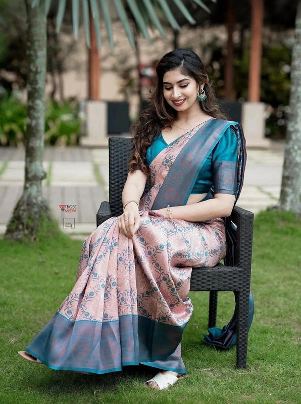 AVANTIKA FASHION Woven, Self Design, Floral Print Banarasi Pure Silk, Art Silk Saree(Pink, Light Blue)