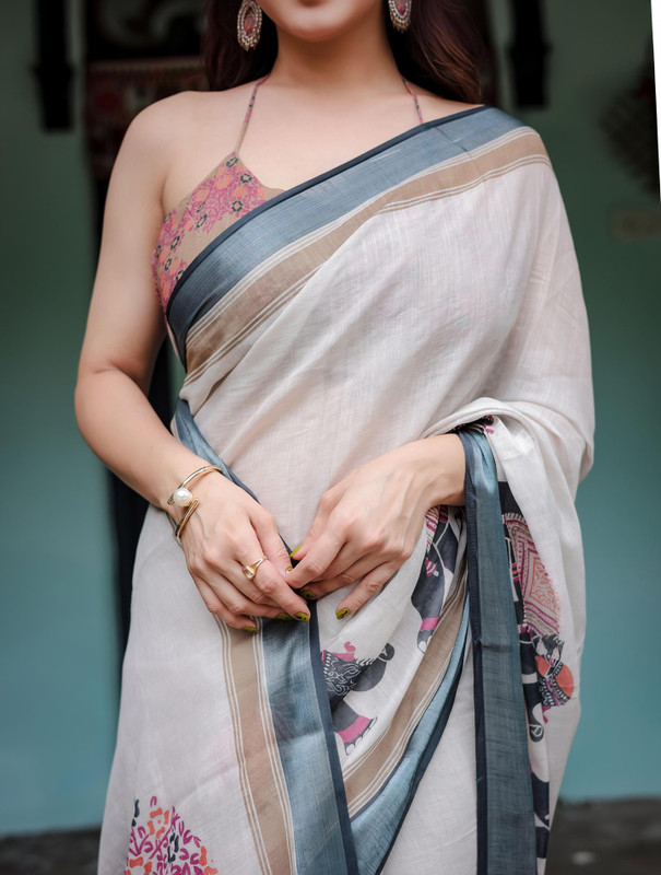 ALMAARI FASHION Animal Print, Floral Print, Printed, Graphic Print Daily Wear Cotton Linen Saree(Beige)