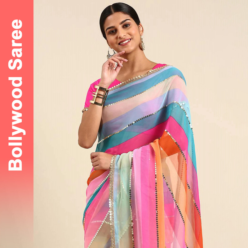Qyra Digital Print, Digital Print Fashion Georgette Saree with Unstitched Blouse(Pink)