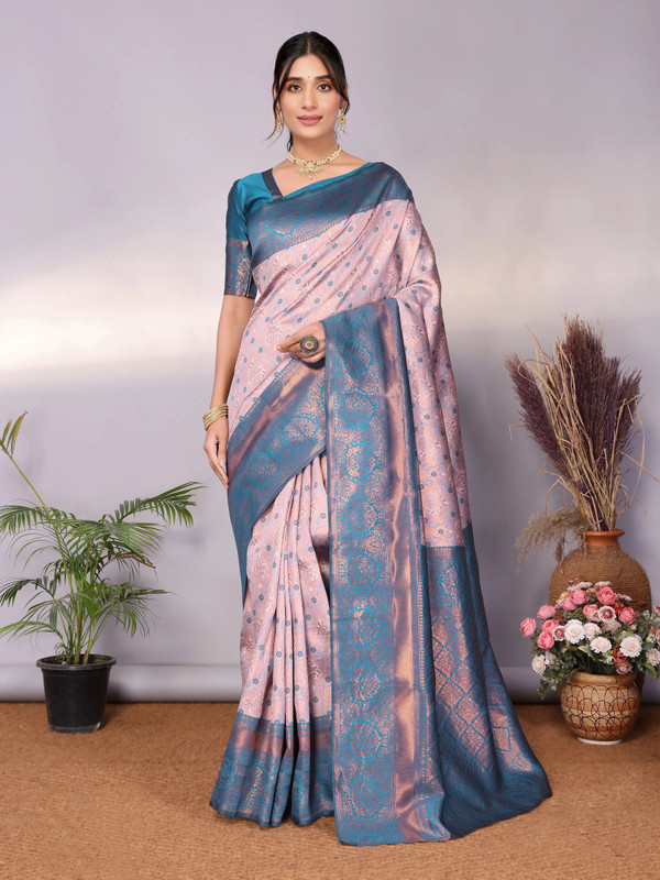 AVANTIKA FASHION Woven Kanjivaram Pure Silk, Art Silk Saree(Pink, Light Blue)