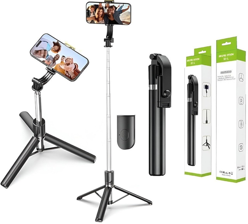 FITRIC R1L Long Tripod Selfie Stick with Phone Holder & LED Tripod(Black, Supports Up to 1800 g)