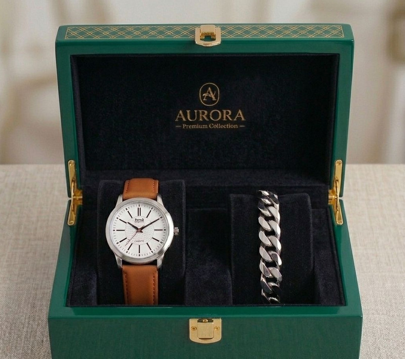 AJPAYONRA FASHIONABLE COMBO WATCH AND BRACELET FOR MENS AP-08 Leather Brown+A1-08 silver Leather Pocket Watch Chain