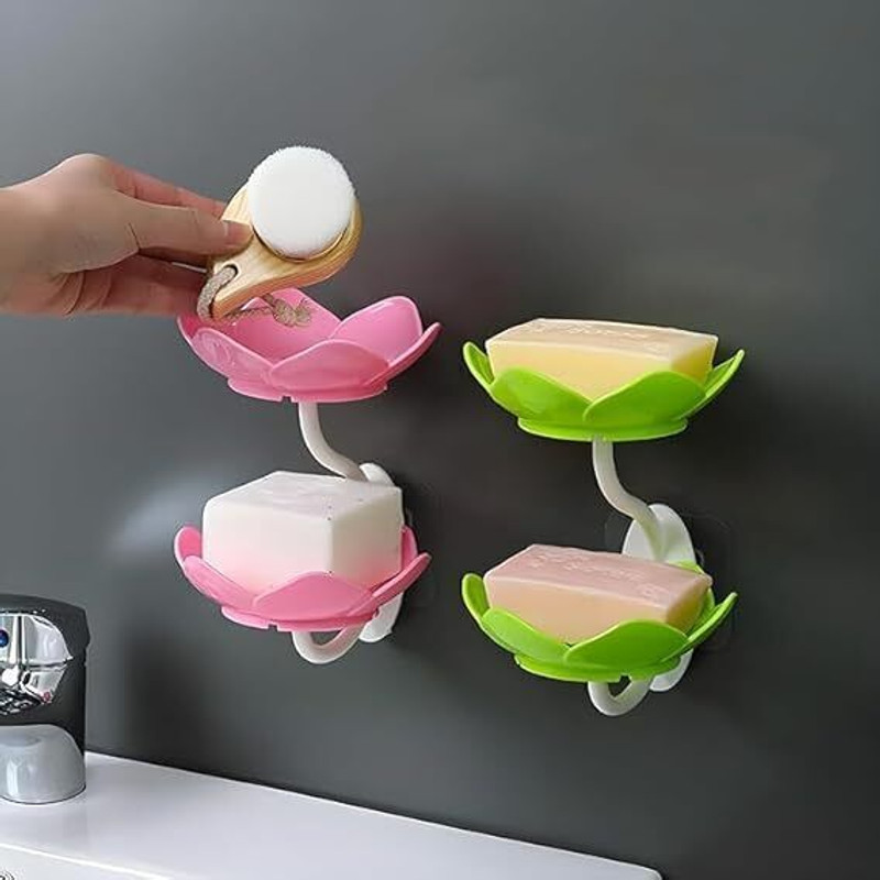 HGC Wall Mounted Drain Soap Box 2 Layer Flower Wall Soap Stand(2 pack)(Multicolor)