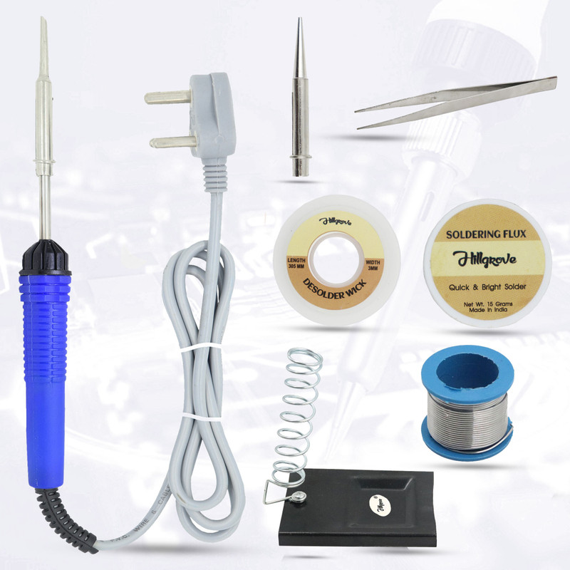 Hillgrove 7in1 25W Soldering Iron Kit | 5 Meter Soldering Wire | Pointed Bit | Soldering Flux | Stand | Wick | Tweezer 25 W Simple(Flat, Pointed Tip)