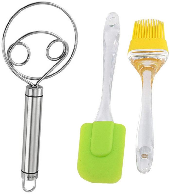 kayru Steel Atta Maker Whisk and Silicone Oil Spatula & Brush Backing Cooking Tools Steel, Silicone Coil Whisk(Pack of 3)