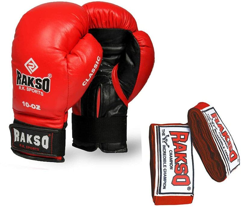 Rakso Leather Boxing Gloves for Muay Thai Kickboxing with Hand wrap Fight Training Boxing Gloves(Red)