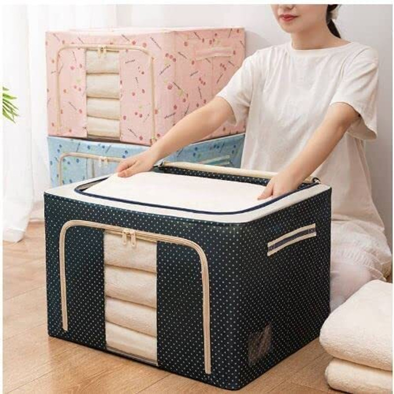 Zigmo Cotton, Stainless Steel 66LTR RECTANGULAR FOLDABLE CLOTHES STORAGE BOX MULTIUSE WITH ZIP Storage Basket(Pack of 2)
