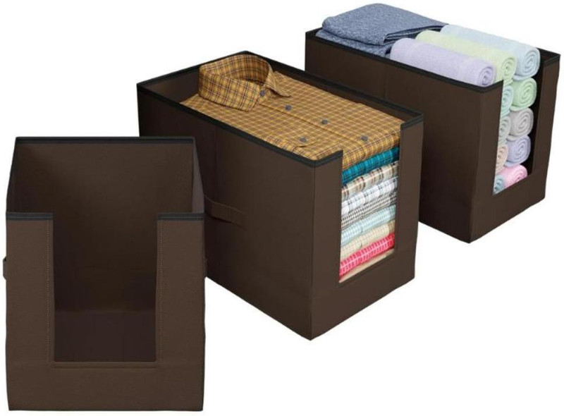 uhi Non Woven Large Capacity Shirt Stacker / Foldable & Stackable Closet Wardrobe Cupboard Organizer / Foldable Storage Box / Multipurpose Clothes Organizer Pack of 3(Brown)