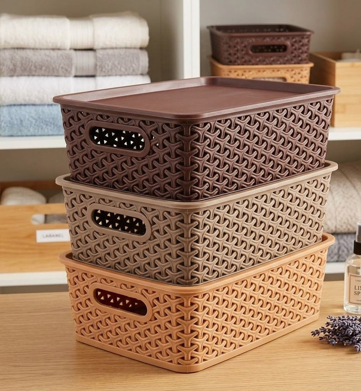 senoprime Storage Basket with Lid Set of 3 Plastic Organizer for Home and Office Storage Box(Multicolor)