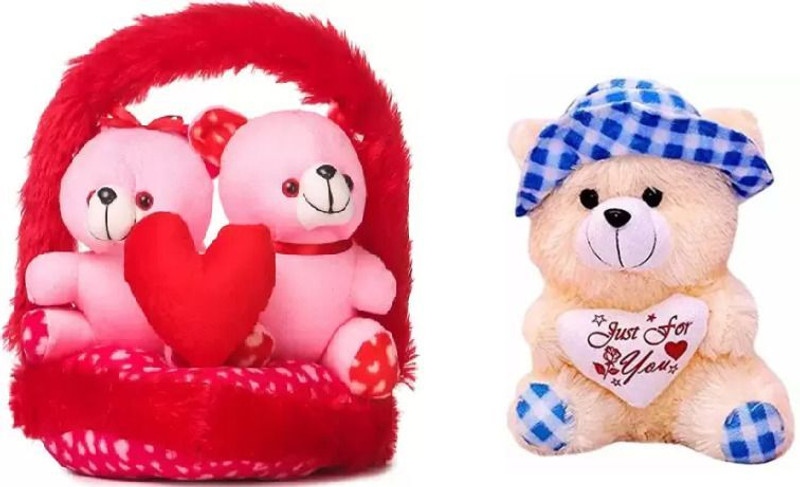 tgr cute Stuffed soft Couple-Basket Teddies & Peach Teddy combo for someone special/kids  - 35 cm(Multicolor)